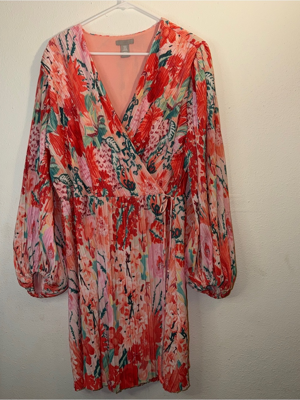 H&M Coral & Pink Floral Long-Sleeve Wrap Dress, lined, sz XXL knee length